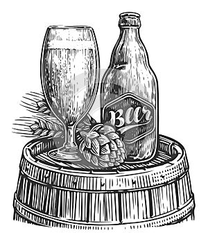 Beer bottle with a glass full of beer. Pub concept. Sketch illustration