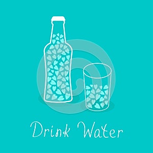 Beer bottle and glass with hearts inside. Drink water. Healthy lifestyle concept. Contour lined icon. Love card. Flat design.