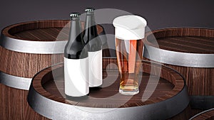 Beer bottle and glass on wodden barrel.