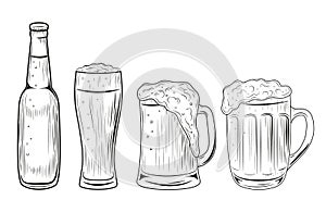 Beer bottle and glasses. Vector illustration isolated on white background. Hand drawn.