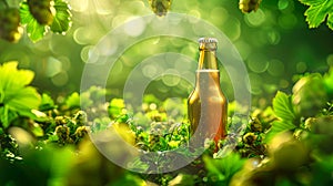 Beer bottle in a green hop hills.Brown glass beer bottle standing in hop cones