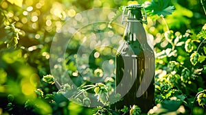 Beer bottle in a green hop hills. Green beer bottle standing in hop cones, close up
