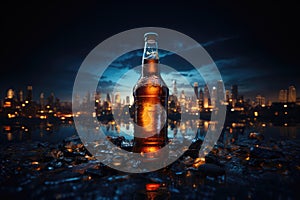 A Beer Bottle Held Against A Backdrop Of A City Skyline At Night. Generative AI