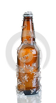 Beer bottle with ice and condensation on white background