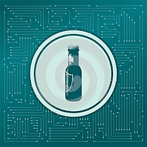 Beer bottle Icon on a green background, with arrows in different directions. It appears the electronic board.