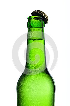 Beer bottle with kron cork and drops of condensation dew party drink alcohol