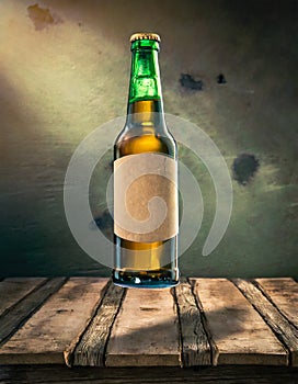 Beer bottle levitating above wooden table