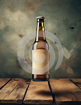 Beer bottle levitating above wooden table