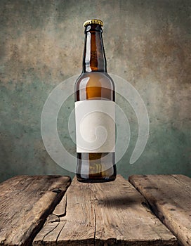 Beer bottle levitating above wooden table
