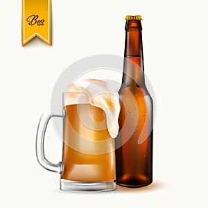 Vector realistic beer bottle, glass mockup 3d