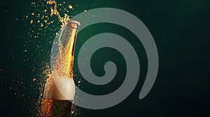 Beer bottle opening, splash, dark background, ad