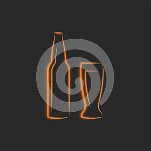 Beer bottle silhouette and beer glass grocery icon, neon glow design element for pub logo or brewery on a black background