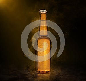 Beer bottle with water drops on the color smoke background