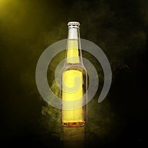 Beer bottle with water drops on the color smoke background. 3d render