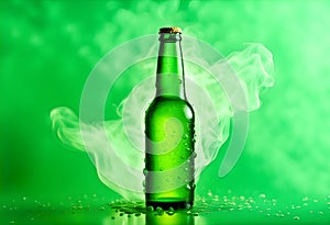 Beer bottle with water drops on the green color smoke background