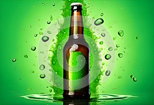 Beer bottle with water drops on the green color smoke background