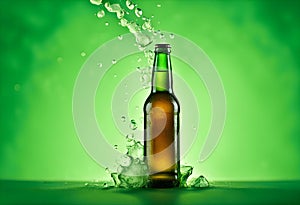 Beer bottle with water drops on the green color smoke background