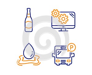 Beer bottle, Water splash and Settings icons set. Bus parking sign. Brewery, Aqua drop, Cogwheel tool. Vector