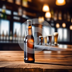Beer bottle on wooden pub table and blurred background