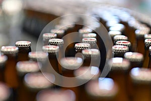 beer bottles on the assembly line in a modern brewery - industrial plant in the food industry