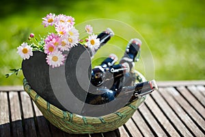 Beer bottles in basket, with heart for labeling, free text, Fath