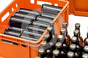 beer bottles and beverage cans in the brewery warehouse