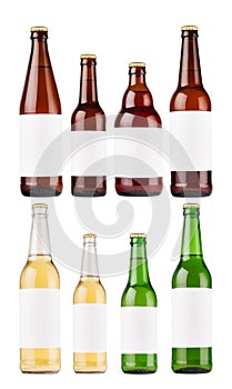 Beer bottles collection different type and colors with blank white label, isolated, mock up.