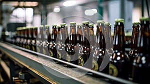 Beer bottles on the conveyor belt. Production and bottling of alcoholic beverages. AI Generated