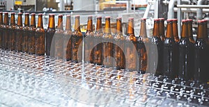 Beer bottles on the conveyor belt. Shallow dof. Selective focus.