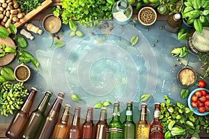 Beer Bottles, Herbs, and Spices on Wooden Table. Generative AI