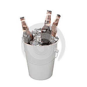 Beer bottles in ice bucket isolated on the white background