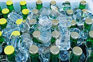 Beer Bottles in Ice Cubes, Many Cold Bottle Caps in Box, Iced Chilled Beer Chest, Different Cold Bottles