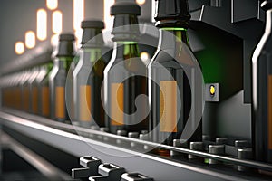 Beer bottles line on conveyor belt in brewery factory. Generative AI