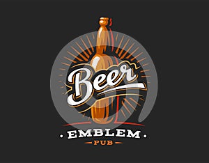 Beer bottles logo, emblem on dark background