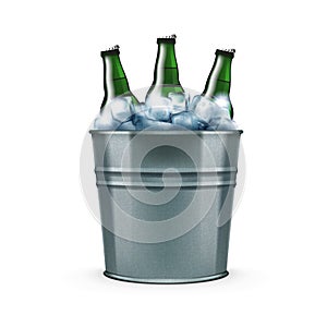 Beer Bottles In Metal Bar Ice Bucket For Cool Drinks