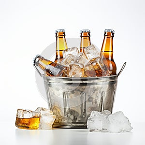 Beer bottles in metal basket with ice cubes on light background for party drink