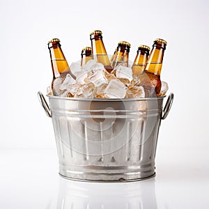 Beer bottles in metal basket with ice cubes on light background for party drink