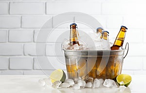 Beer bottles in metal basket with ice cubes on light background for party drink