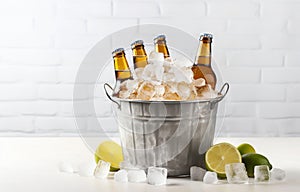 Beer bottles in metal basket with ice cubes on light background for party drink