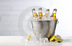 Beer bottles in metal basket with ice cubes on light background for party drink