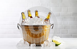 Beer bottles in metal basket with ice cubes on light background for party drink