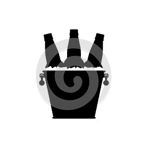 Beer bottles in a metal bucket with ice cubes. Black silhouette on white background. Vector picture and simple icon.