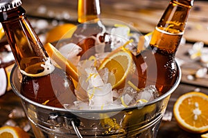 beer bottles in a metal bucket with ice, sprinkled with citrus slices