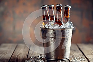 Beer bottles in metal bucket with ice on wooden background. Concept Beer Bottles, Metal Bucket,