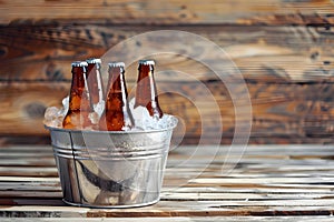 Beer bottles in metal bucket with ice on wooden background. Concept Beer, Bottles, Metal bucket,