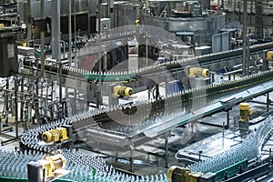 Beer bottles moving on automated conveyor line or belt. Industrial brewery and alcohol production equipment