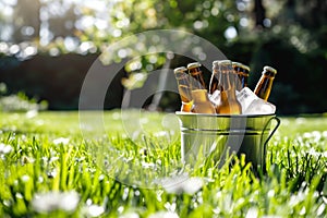 beer bottles peeking from ice bucket on a lush green lawn