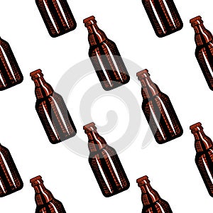 Beer bottles seamless pattern. Engraving style illustration