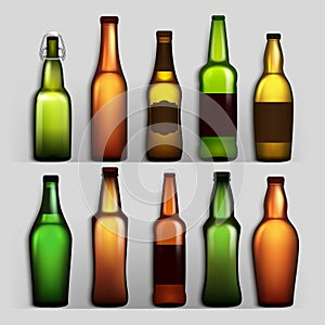 Beer Bottles Set Vector. Different Empty Glass For Craft Beer Green, Yellow, Brown. Mockup Blank Template For Product