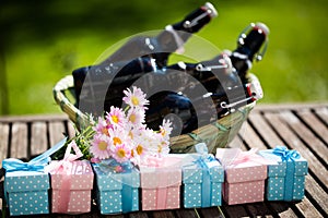 Beer bottles with small gifts before, Father`s Day, Father`s Day